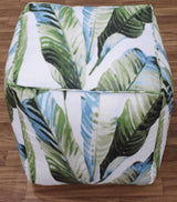 Modern Leaf Pattern Green And White Polyester Pouf