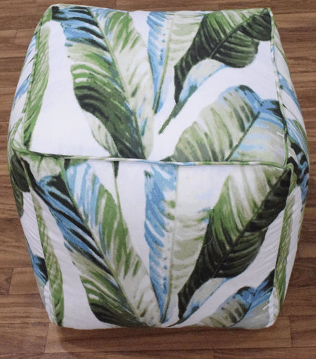 Modern Leaf Pattern Green And White Polyester Pouf
