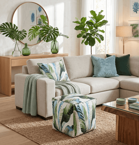 Modern Leaf Pattern Green And White Polyester Pouf
