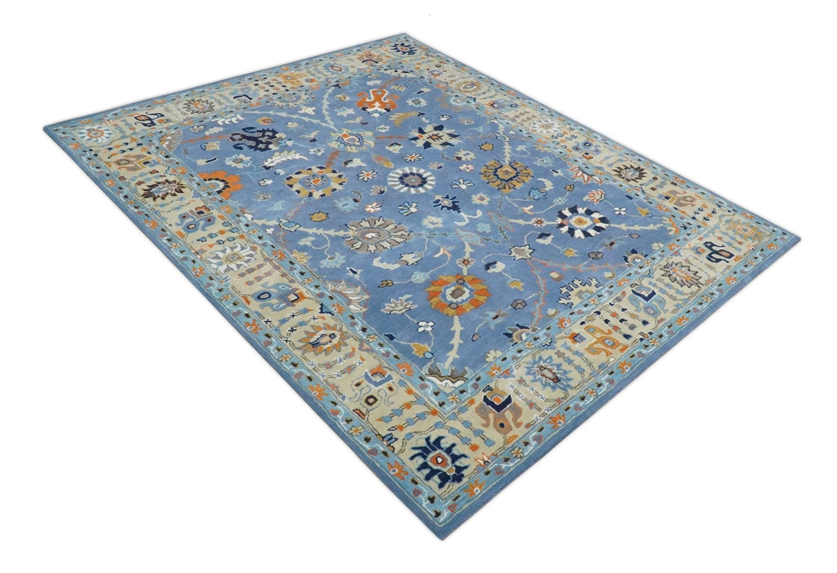 Modern Oushak Blue and Beige Hand Tufted Wool Area Rug
