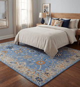 Modern Oushak Blue and Beige Hand Tufted Wool Area Rug