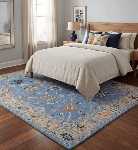 Modern Oushak Blue and Beige Hand Tufted Wool Area Rug