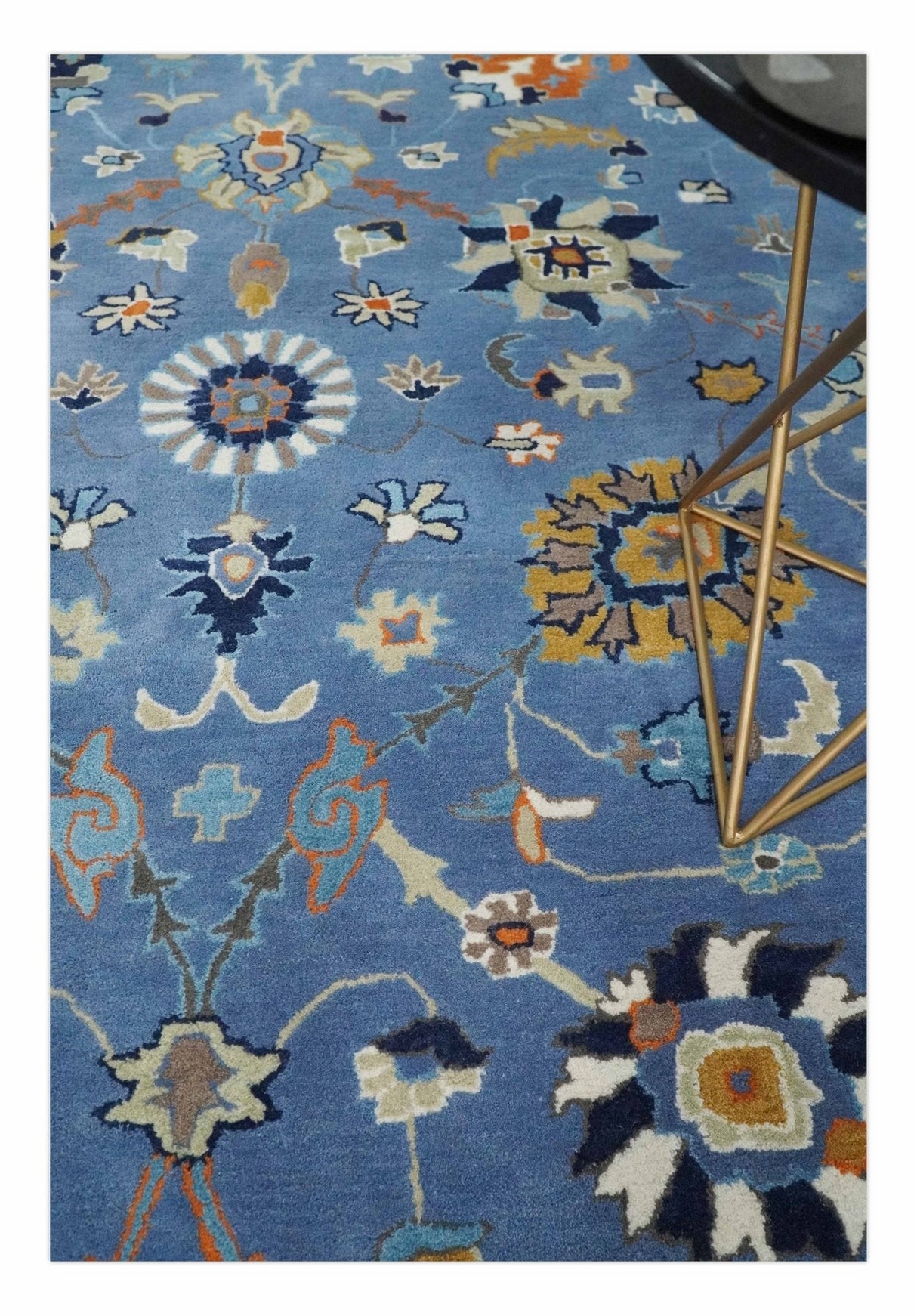 Modern Oushak Blue and Beige Hand Tufted Wool Area Rug