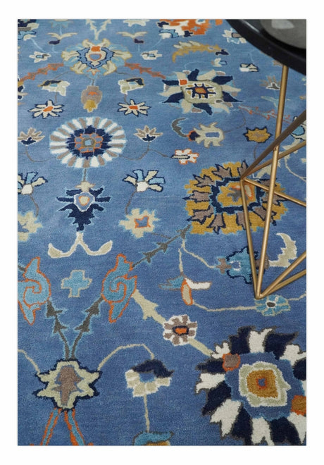 Modern Oushak Blue and Beige Hand Tufted Wool Area Rug