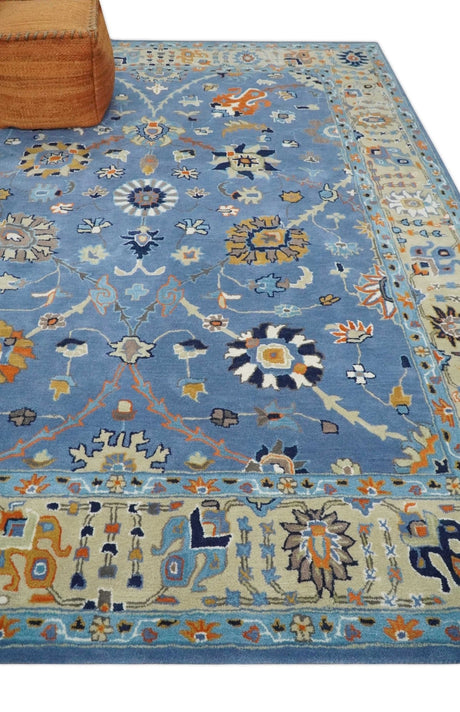 Modern Oushak Blue and Beige Hand Tufted Wool Area Rug