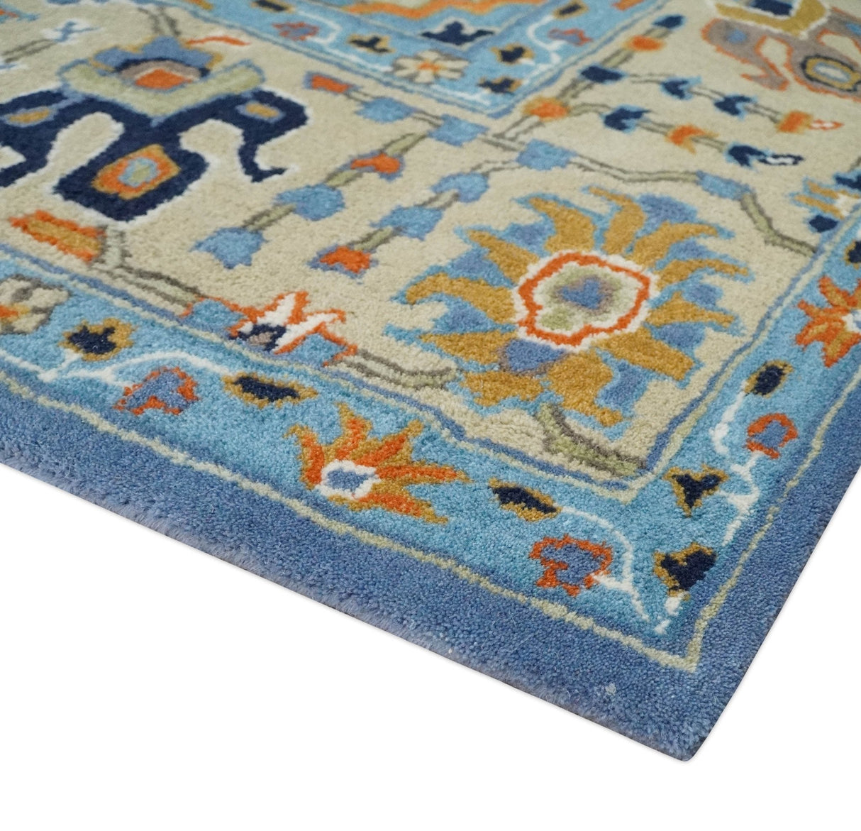 Modern Oushak Blue and Beige Hand Tufted Wool Area Rug