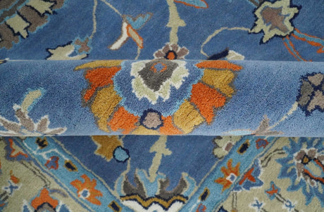 Modern Oushak Blue and Beige Hand Tufted Wool Area Rug
