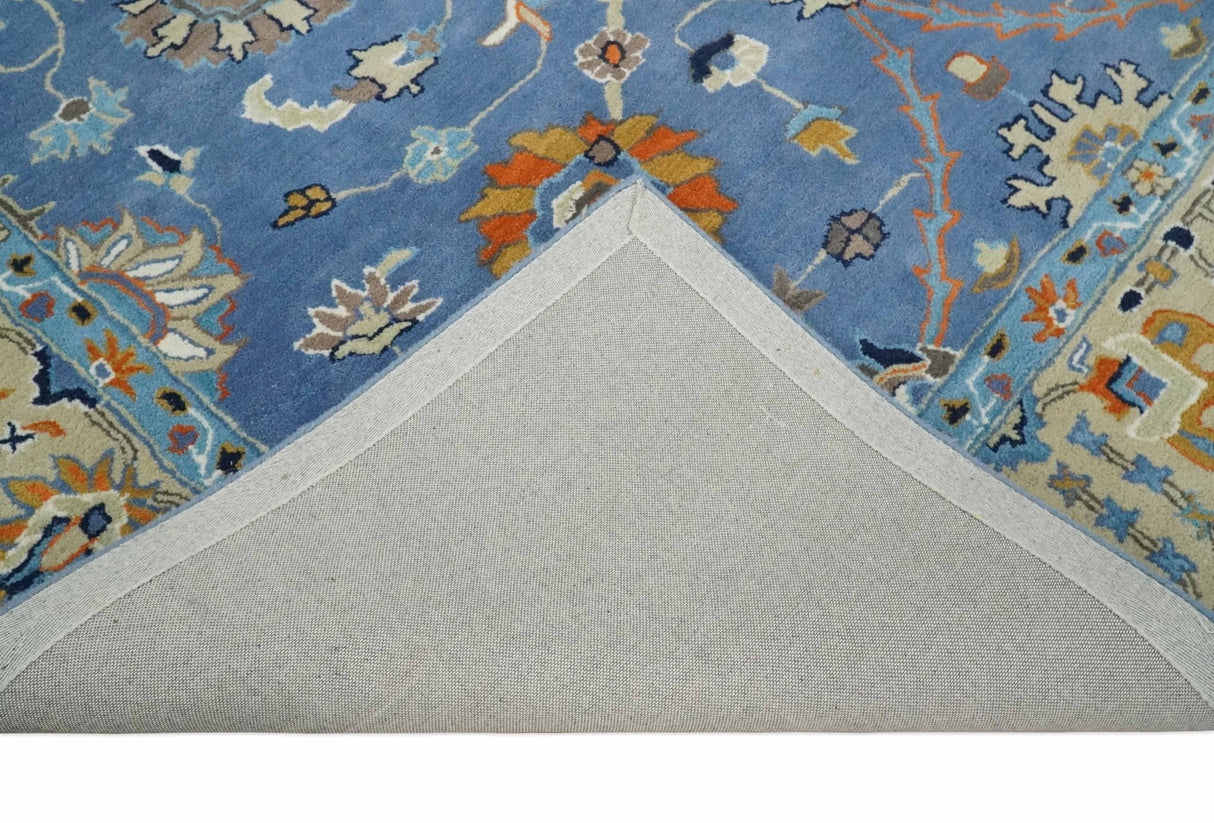 Modern Oushak Blue and Beige Hand Tufted Wool Area Rug