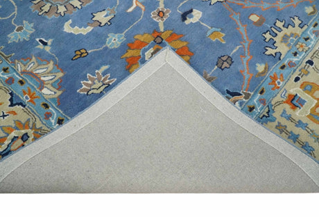 Modern Oushak Blue and Beige Hand Tufted Wool Area Rug