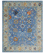 Modern Oushak Blue and Beige Hand Tufted Wool Area Rug