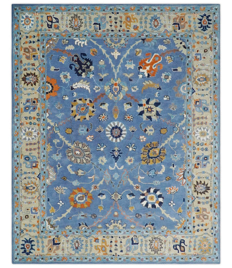 Modern Oushak Blue and Beige Hand Tufted Wool Area Rug