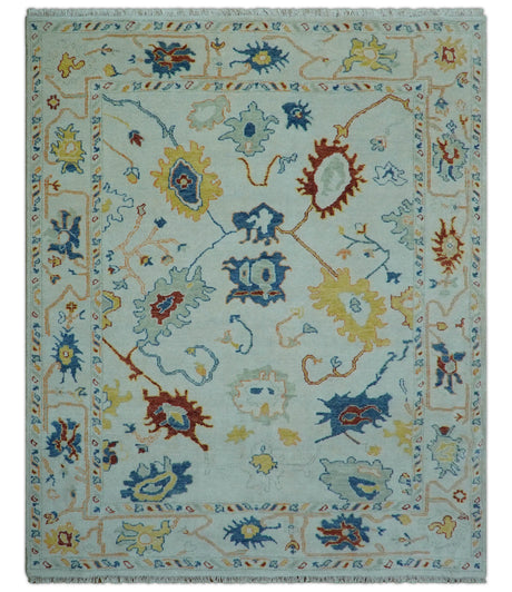 Modern Oushak Ivory And Blue Hand Knotted Wool Rug