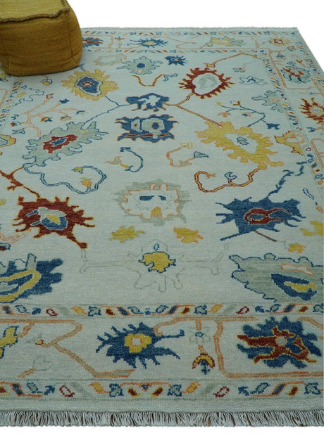 Modern Oushak Ivory And Blue Hand Knotted Wool Rug