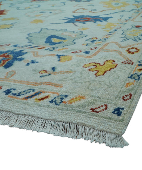 Modern Oushak Ivory And Blue Hand Knotted Wool Rug