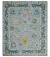 Modern Oushak Multi Size Silver and Teal Vibrant Colorful Hand knotted Wool Area Rug