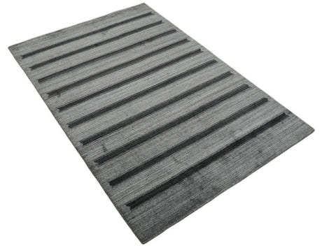 Modern Scandinavian Stripes Style 5x7 Silver and Gray Wool Hand Woven Area Rug