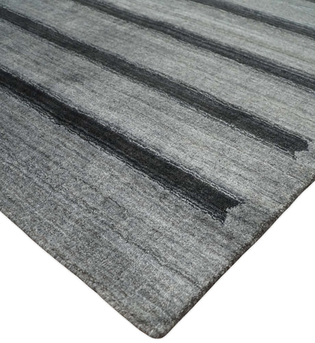 Modern Scandinavian Stripes Style 5x7 Silver and Gray Wool Hand Woven Area Rug