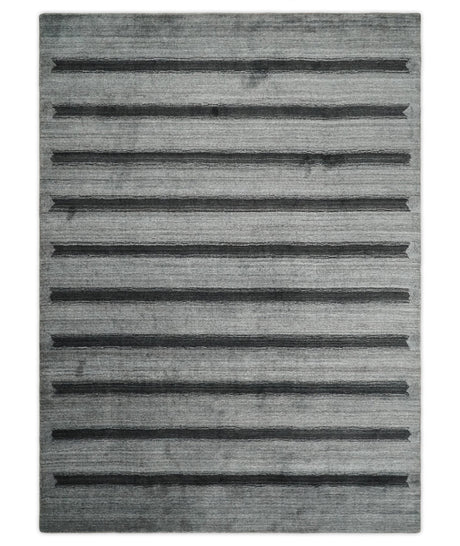Modern Scandinavian Stripes Style 5x7 Silver and Gray Wool Hand Woven Area Rug