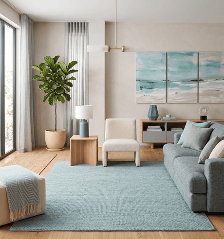 Modern Solid Blue Design Handmade Wool Area Rug