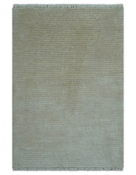 Modern Solid Design Beige Hand Knotted Wool And Silk Rug