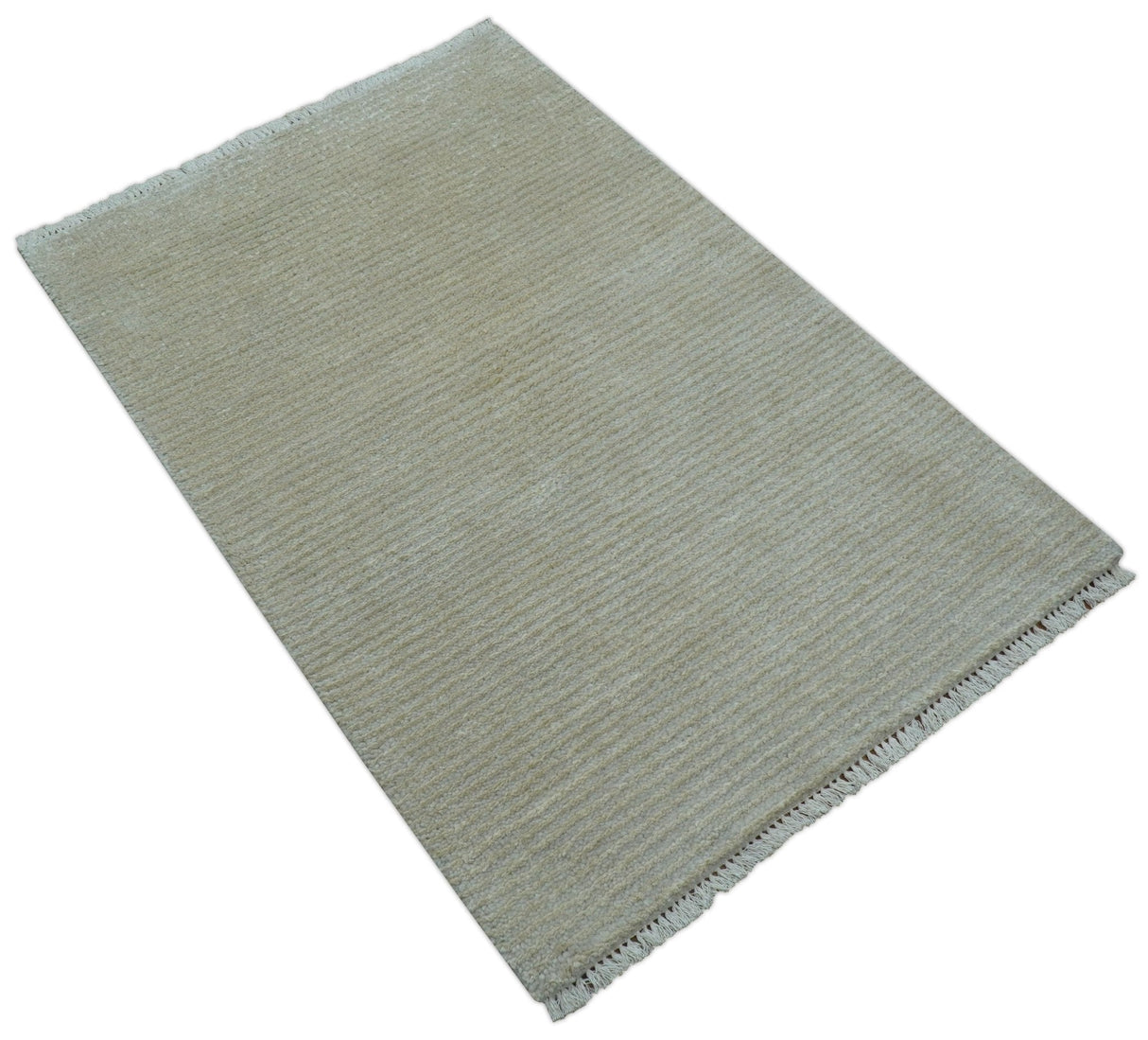 Modern Solid Design Beige Hand Knotted Wool And Silk Rug