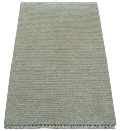 Modern Solid Design Beige Hand Knotted Wool And Silk Rug