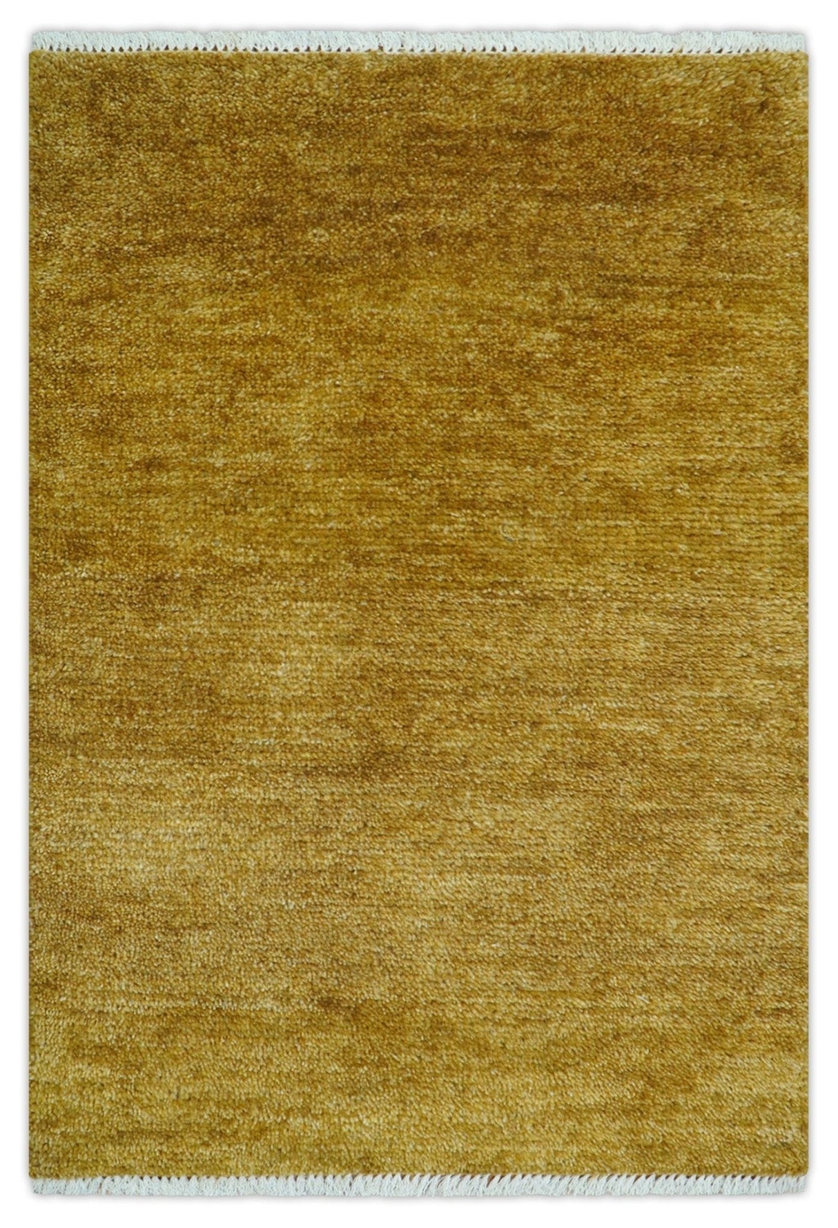 Modern Solid Design Gold Hand Knotted Wool Area Rug