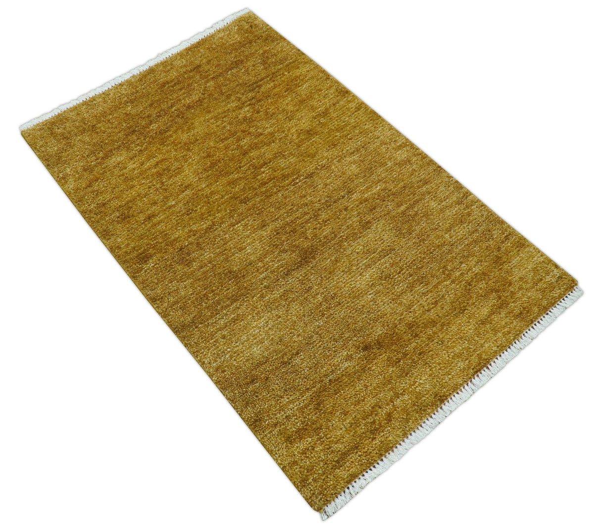 Modern Solid Design Gold Hand Knotted Wool Area Rug