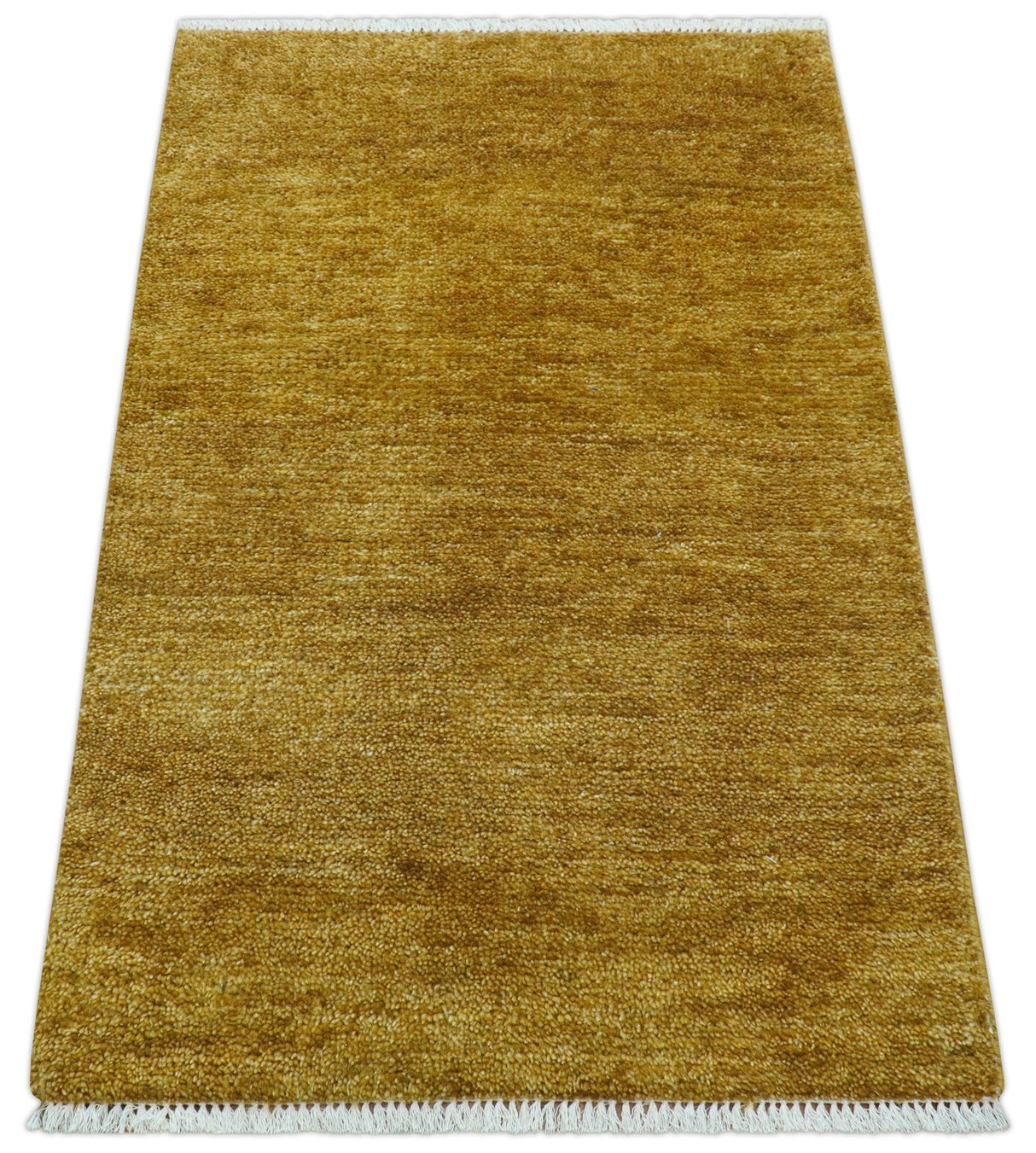 Modern Solid Design Gold Hand Knotted Wool Area Rug