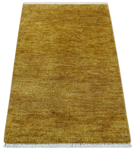 Modern Solid Design Gold Hand Knotted Wool Area Rug