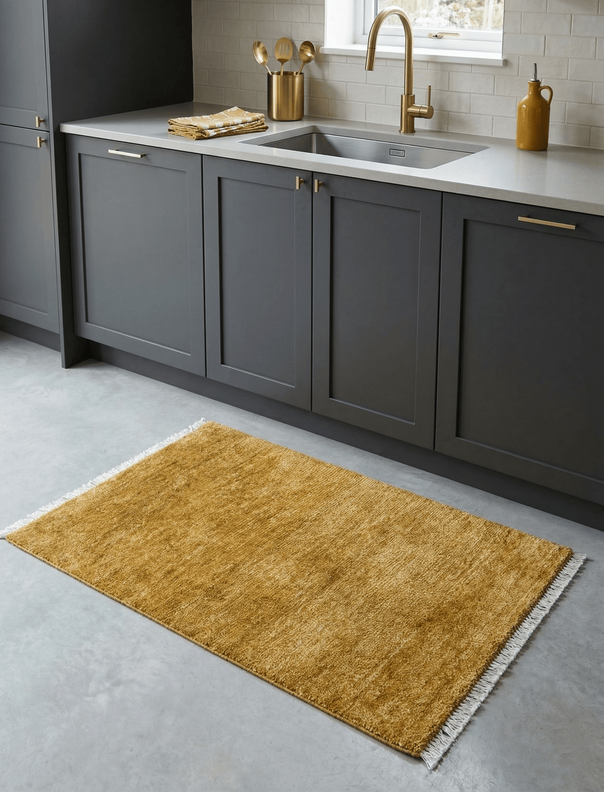 Modern Solid Design Gold Hand Knotted Wool Area Rug