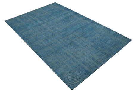 Modern Solid Design Gray And Blue 5x8 Hand Knotted Wool Area Rug