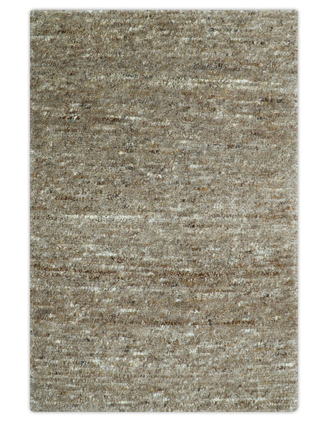 Modern Solid Design Natural Brown Hand Knotted Wool Rug