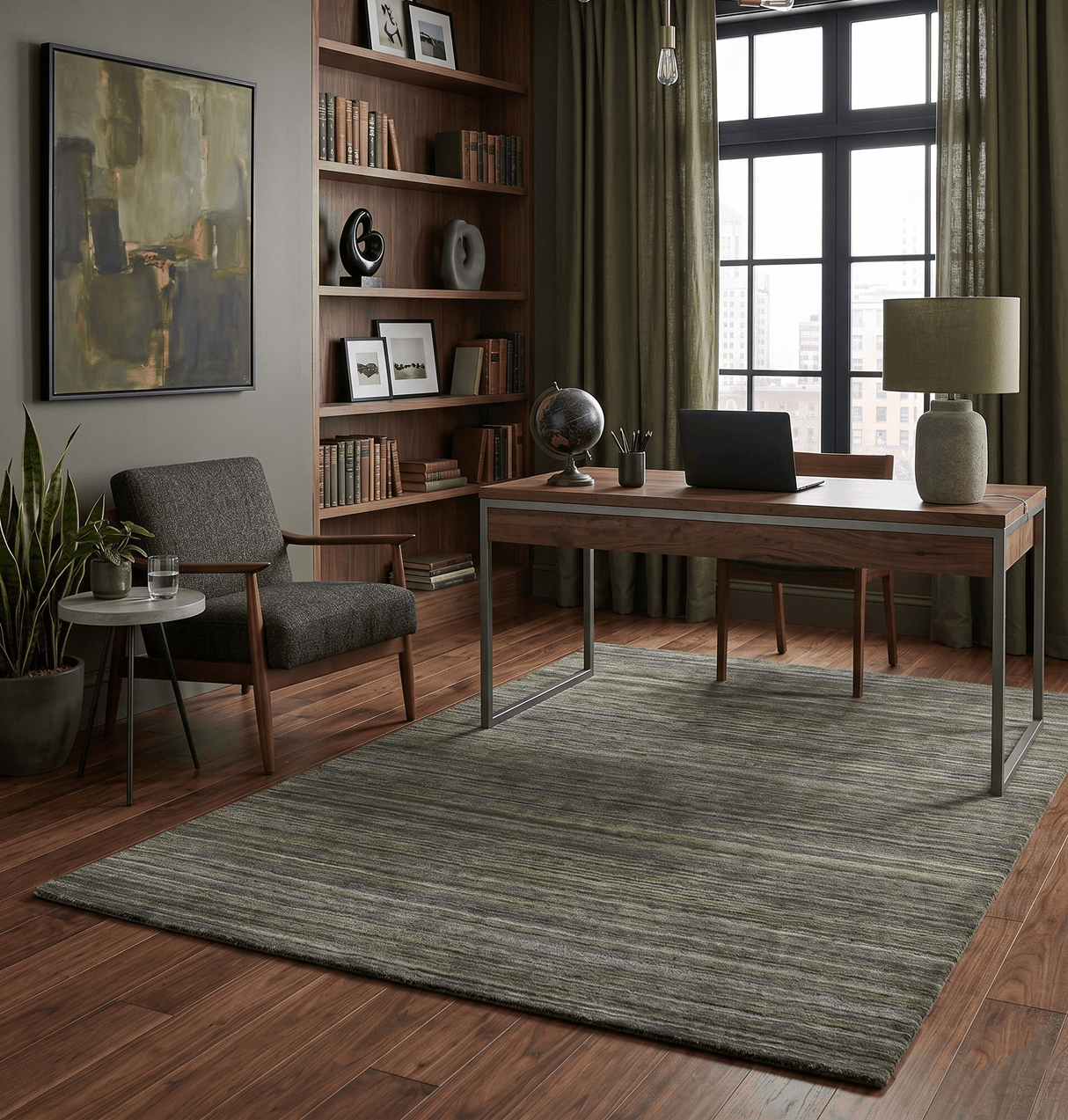 Modern Solid Olive and Gray 5x7 Blended bamboo Silk Hand Woven Area Rug