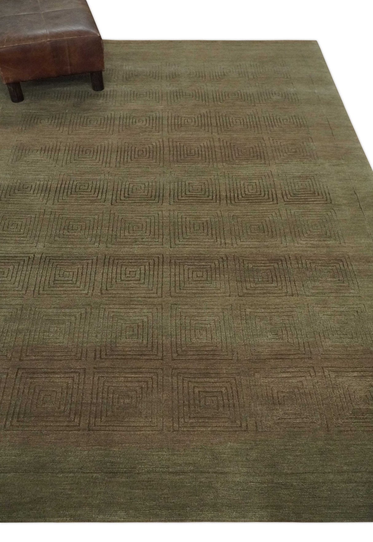 Modern Solid Olive Geometrical Pattern Contemporary Handloom 5x7 wool and Art silk Area Rug-Area Rug-Parc Decor