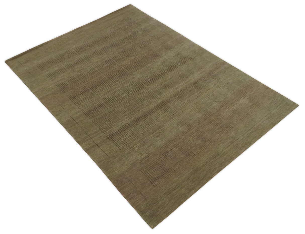 Modern Solid Olive Geometrical Pattern Contemporary Handloom 5x7 wool and Art silk Area Rug-Area Rug-Parc Decor