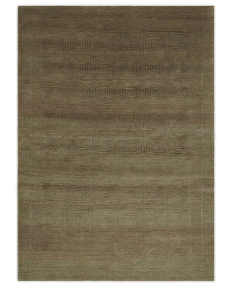 Modern Solid Olive Geometrical Pattern Contemporary Handloom 5x7 wool and Art silk Area Rug-Area Rug-Parc Decor