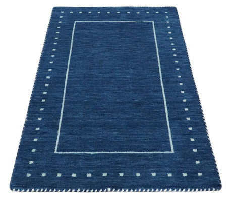 Modern Solid Plane Blue Hand Loomed Southwestern Custom Made wool Area Rug