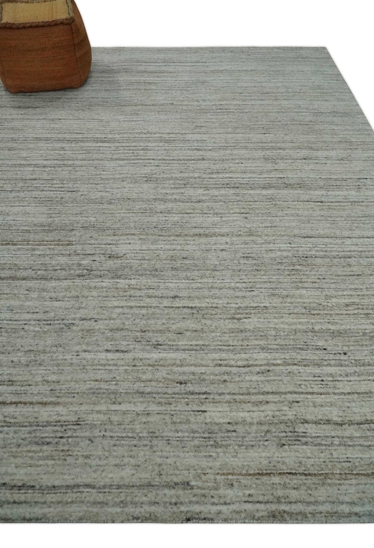 Modern Solid Self Design Abstract Handloom Ivory, Silver and Brown 8x10 Contemporary Wool Area Rug | TRD10282810S