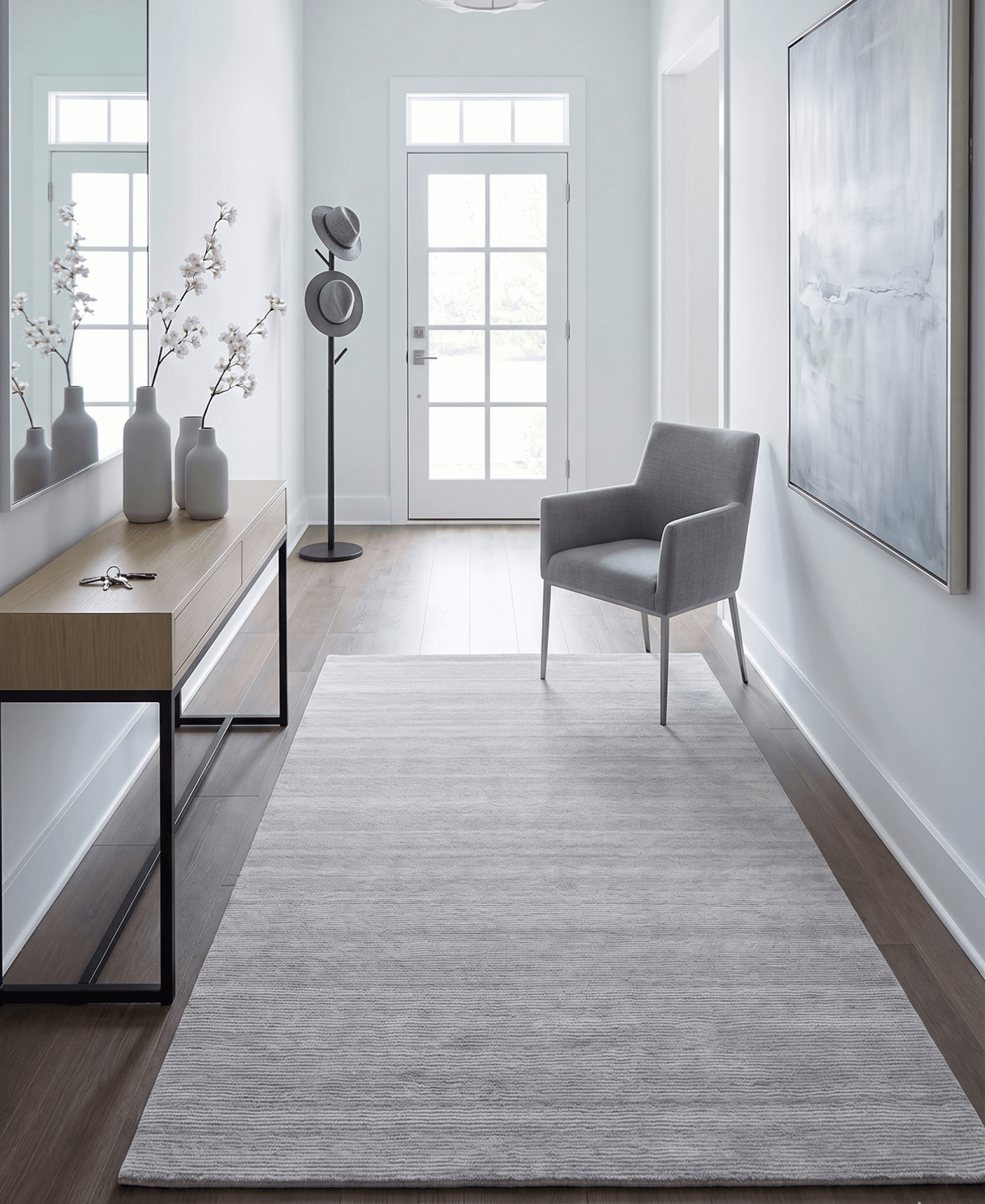 Modern Solid Silver Hand Woven Wool and Viscose Rug