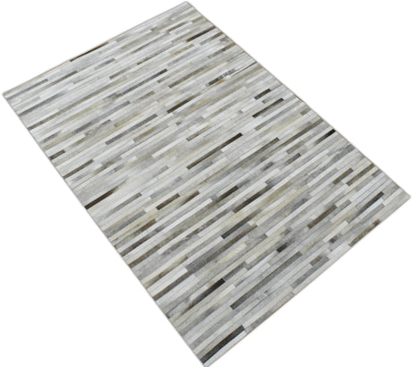 Modern Stripe Design Handmade 5x8 Beige and Ivory Leather Area Rug