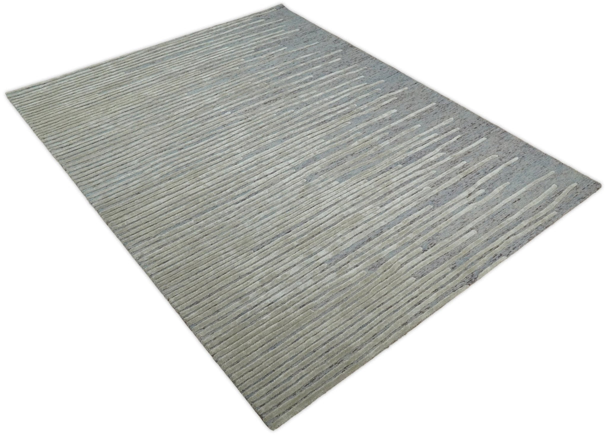 Modern Stripe Pattern Beige and Gray Hand Tufted Wool and Silk Area Rug