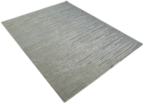 Modern Stripe Pattern Beige and Gray Hand Tufted Wool and Silk Area Rug