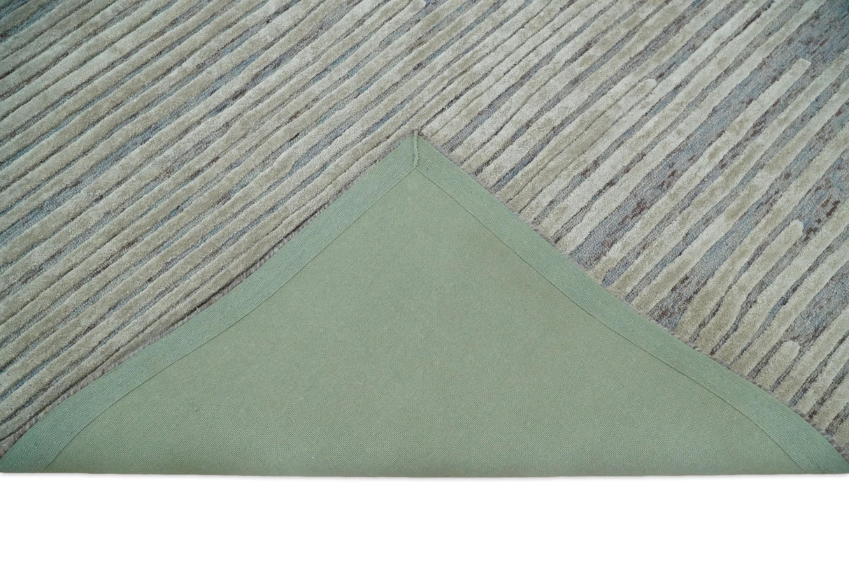 Modern Stripe Pattern Beige and Gray Hand Tufted Wool and Silk Area Rug