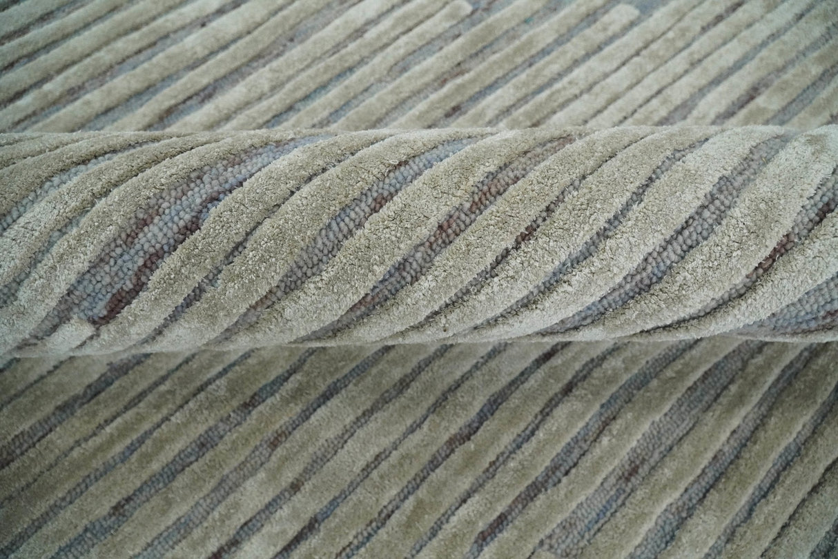 Modern Stripe Pattern Beige and Gray Hand Tufted Wool and Silk Area Rug