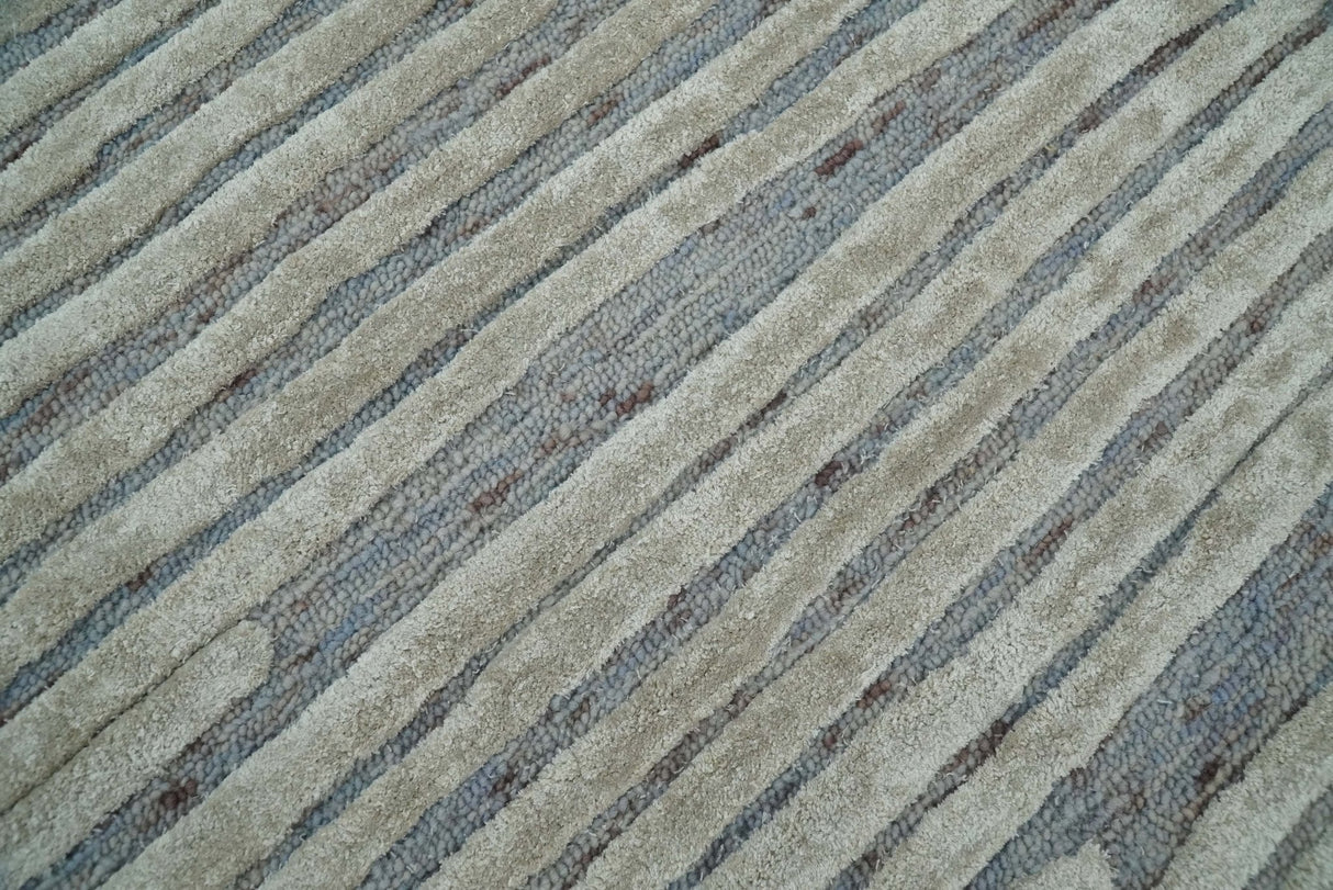 Modern Stripe Pattern Beige and Gray Hand Tufted Wool and Silk Area Rug