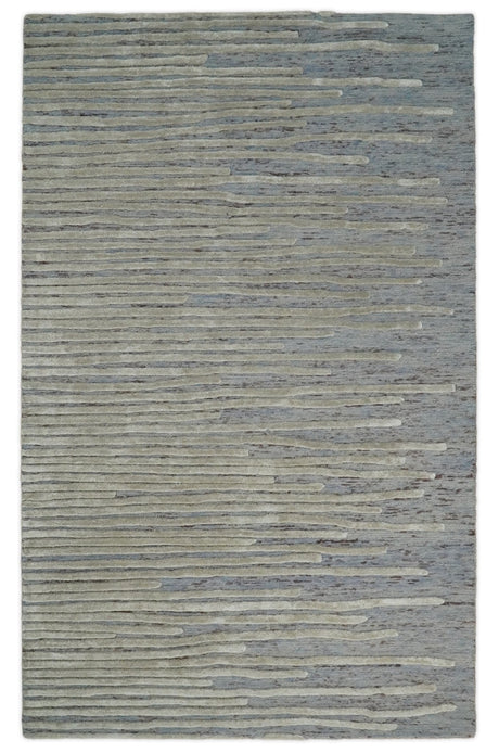 Modern Stripe Pattern Beige and Gray Hand Tufted Wool and Silk Area Rug