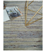 Modern Stripe Pattern Beige and Gray Hand Tufted Wool and Silk Area Rug