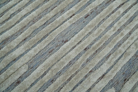 Modern Stripe Pattern Beige and Gray Hand Tufted Wool and Silk Area Rug