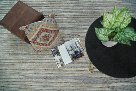 Modern Stripe Pattern Beige and Gray Hand Tufted Wool and Silk Area Rug